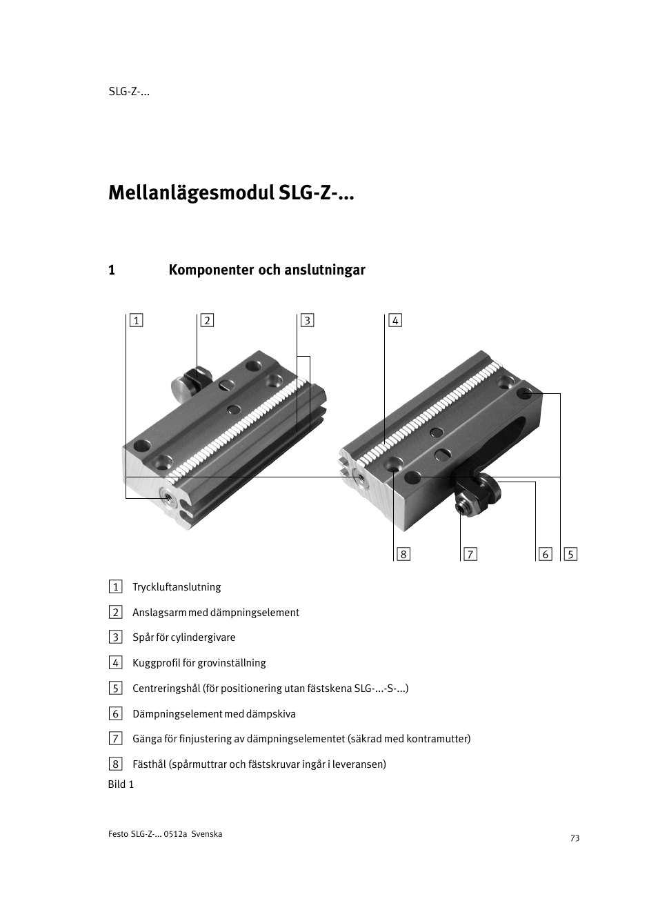 Svenskamellanlägesmodul slg-z-...svenska, 1 komponenter och anslutningar, Mellanlägesmodul slg−z−... svenska | Festo Промежуточная позиция для линейного модуля DGC User Manual | Page 73 / 88