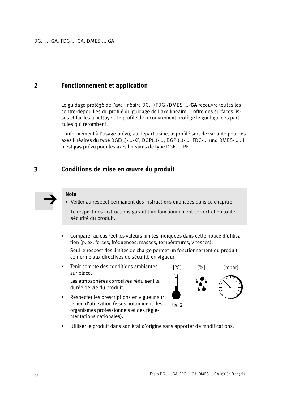 2 fonctionnement et application, 3 conditions de mise en ĺuvre du produit, 2fonctionnement et application | 3conditions de mise en ĺuvre du produit | Festo Привод со шпинделем и трапециевидной резьбой DMES User Manual | Page 22 / 40