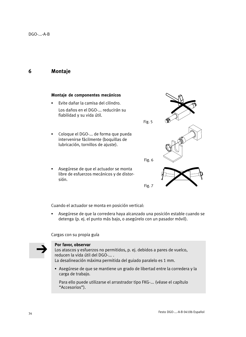 6 montaje, Montaje de componentes mecánicos, 6montaje | Festo Линейные приводы DGO, дюймовые User Manual | Page 34 / 88