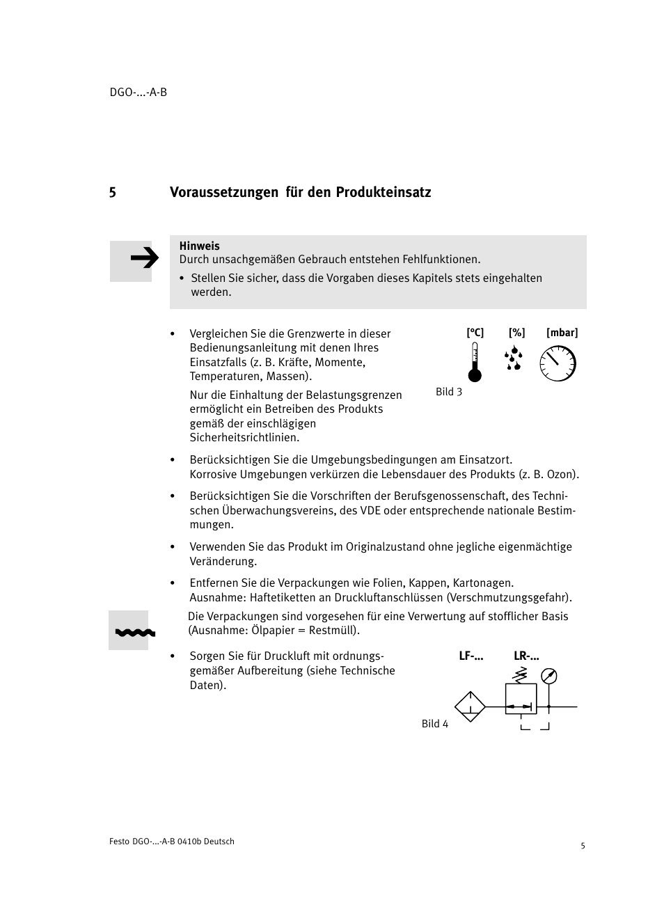 5 voraussetzungen für den produkteinsatz, 5voraussetzungen für den produkteinsatz | Festo Линейные приводы DGO, дюймовые User Manual | Page 5 / 88