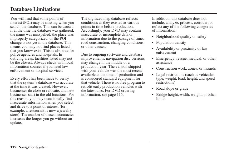 Database limitations | Acura 2009 RDX 00X31-STK-8200 User Manual | Page 113 / 164