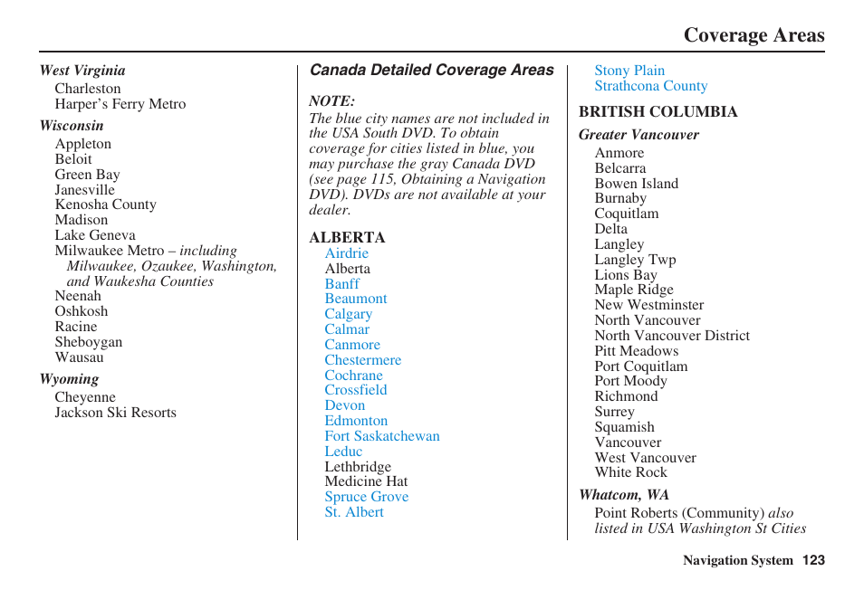 Coverage areas | Acura 2009 RDX 00X31-STK-8200 User Manual | Page 124 / 164