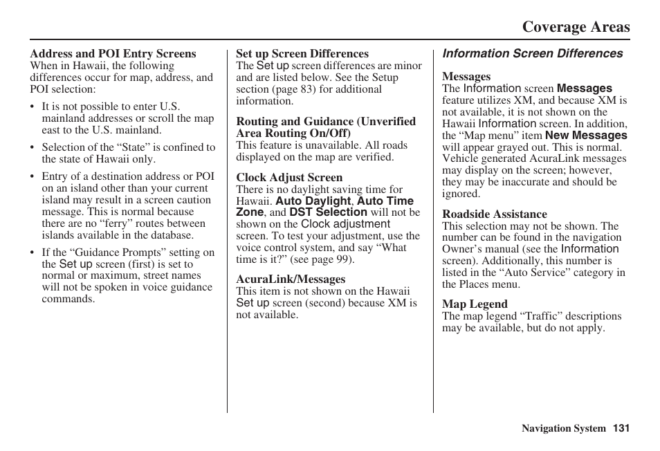 Coverage areas | Acura 2009 RDX 00X31-STK-8200 User Manual | Page 132 / 164