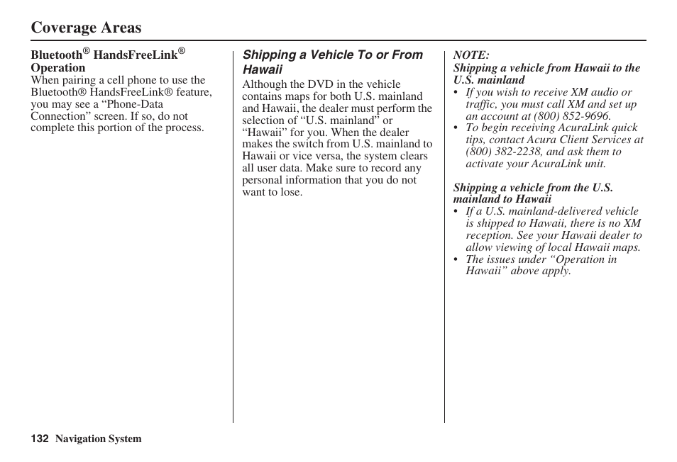 Coverage areas | Acura 2009 RDX 00X31-STK-8200 User Manual | Page 133 / 164