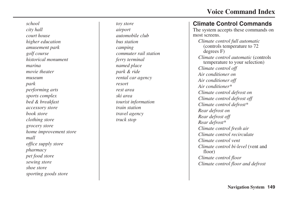 Voice command index | Acura 2009 RDX 00X31-STK-8200 User Manual | Page 150 / 164