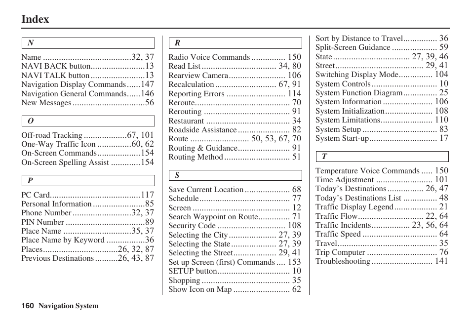 Index | Acura 2009 RDX 00X31-STK-8200 User Manual | Page 161 / 164
