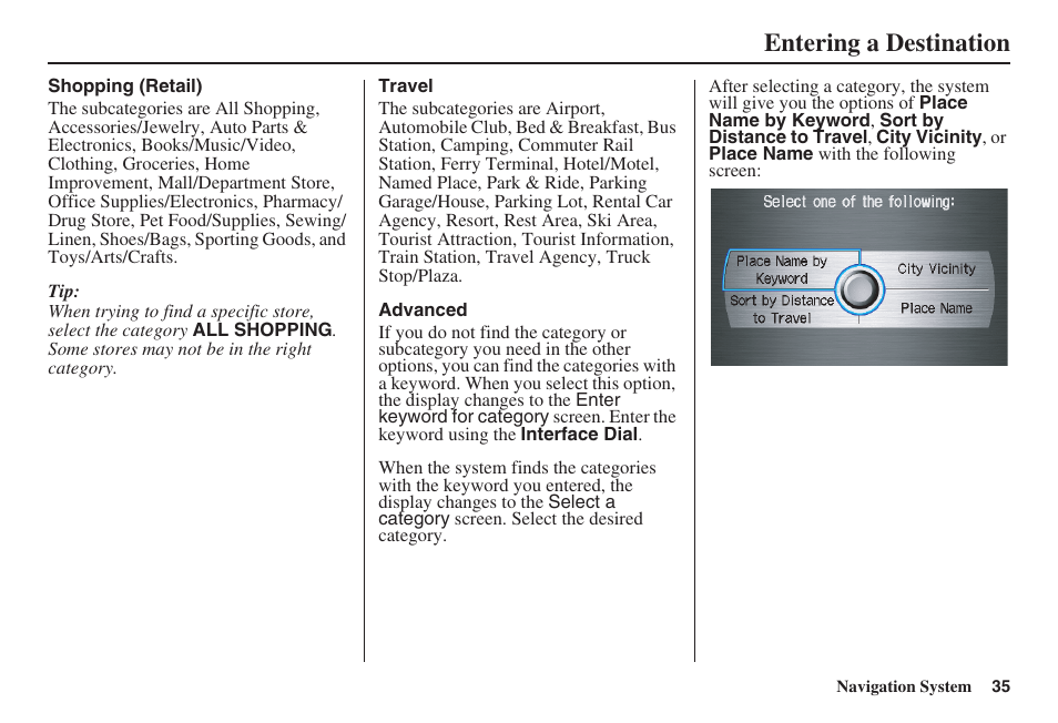 Entering a destination | Acura 2009 RDX 00X31-STK-8200 User Manual | Page 36 / 164