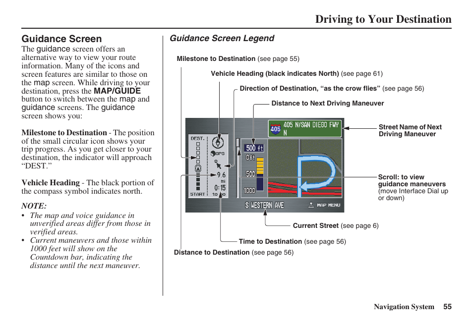 Driving to your destination, Guidance screen | Acura 2009 RDX 00X31-STK-8200 User Manual | Page 56 / 164