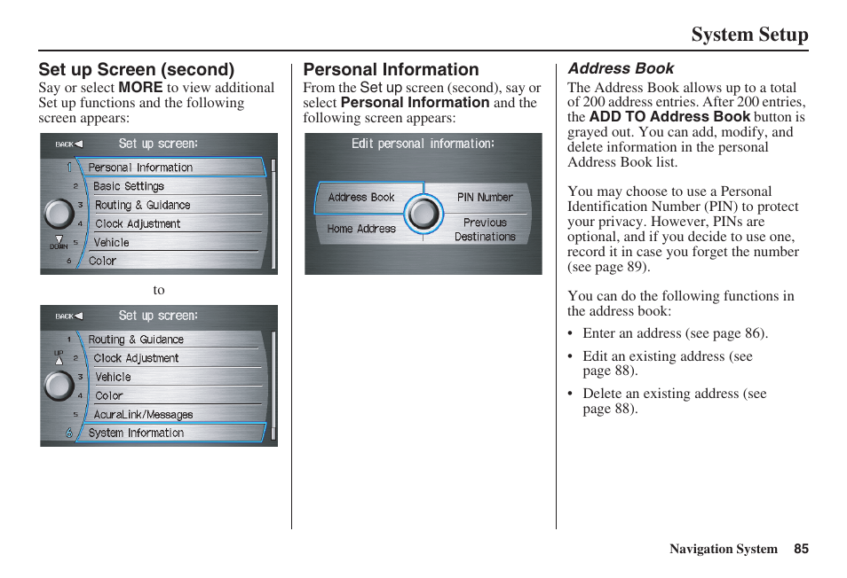 System setup | Acura 2009 RDX 00X31-STK-8200 User Manual | Page 86 / 164