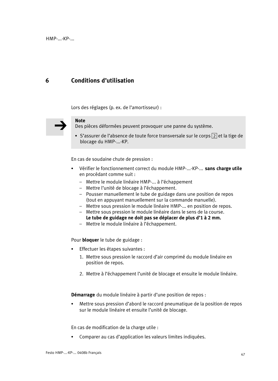 6 conditions d'utilisation, 6conditions d’utilisation | Festo Линейные модули HMP User Manual | Page 47 / 76