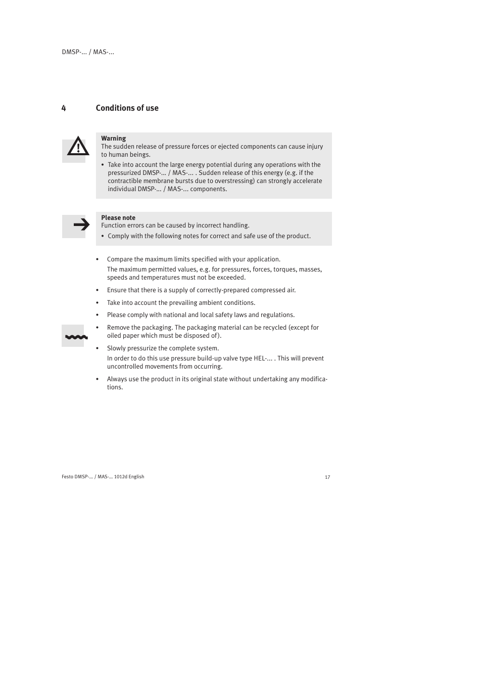 4 conditions of use | Festo Пневматический мускул MAS User Manual | Page 17 / 80