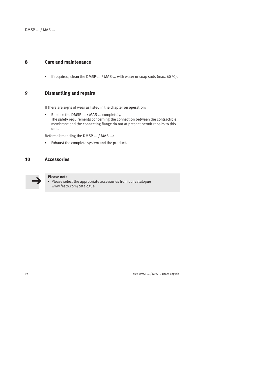 8 care and maintenance, 9 dismantling and repairs, 10 accessories | Festo Пневматический мускул MAS User Manual | Page 22 / 80