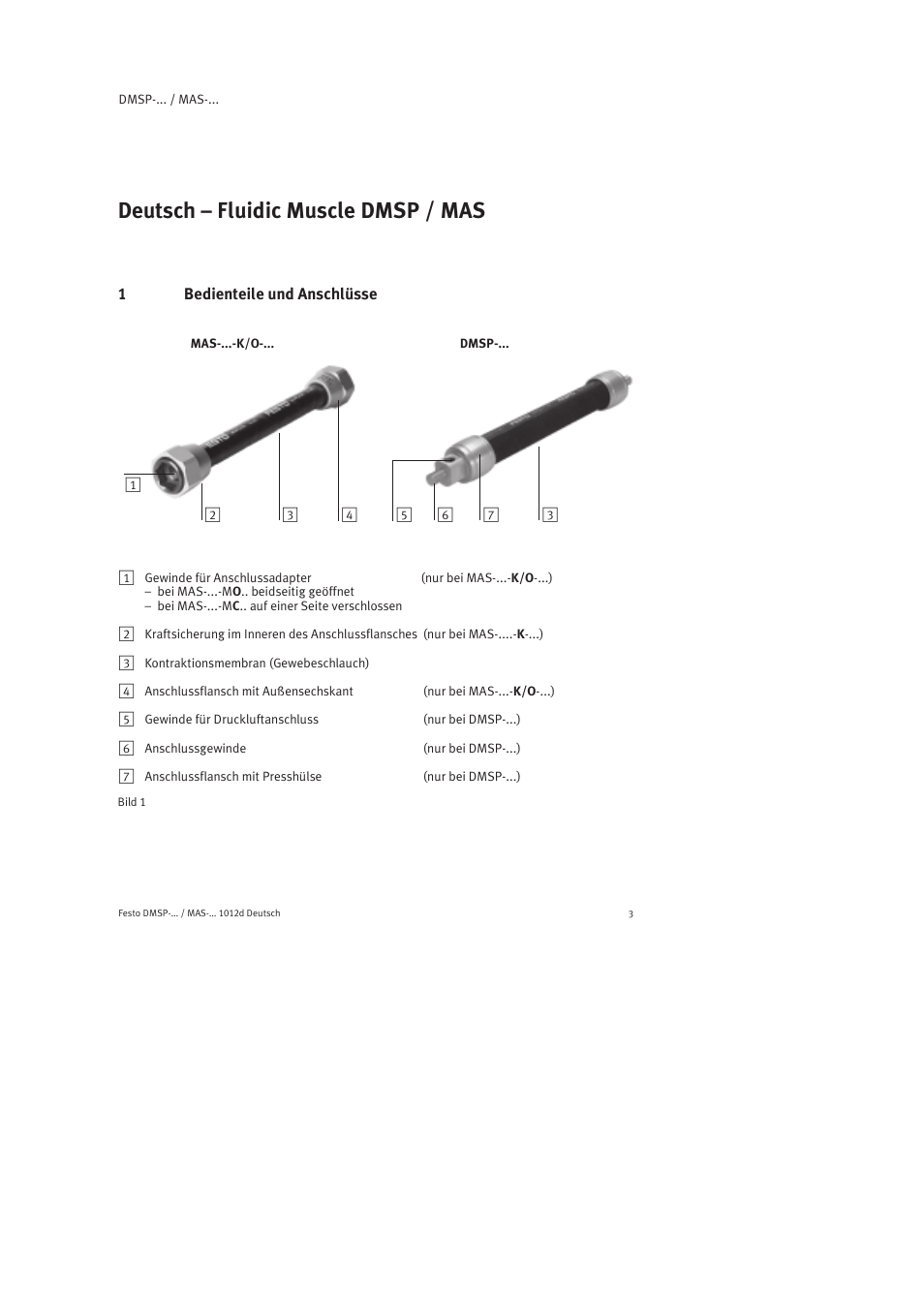 Deutsch – fluidic muscle dmsp / mas, 1 bedienteile und anschlüsse, Mas-...-k/o | Dmsp | Festo Пневматический мускул MAS User Manual | Page 3 / 80