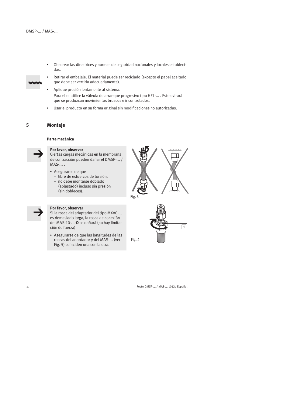 5 montaje, Parte mecánica | Festo Пневматический мускул MAS User Manual | Page 30 / 80