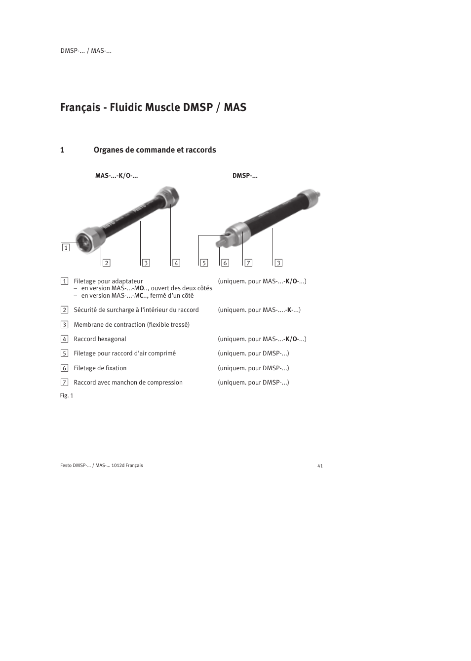 Français - fluidic muscle dmsp / mas, 1 organes de commande et raccords, Mas-...-k/o | Dmsp | Festo Пневматический мускул MAS User Manual | Page 41 / 80