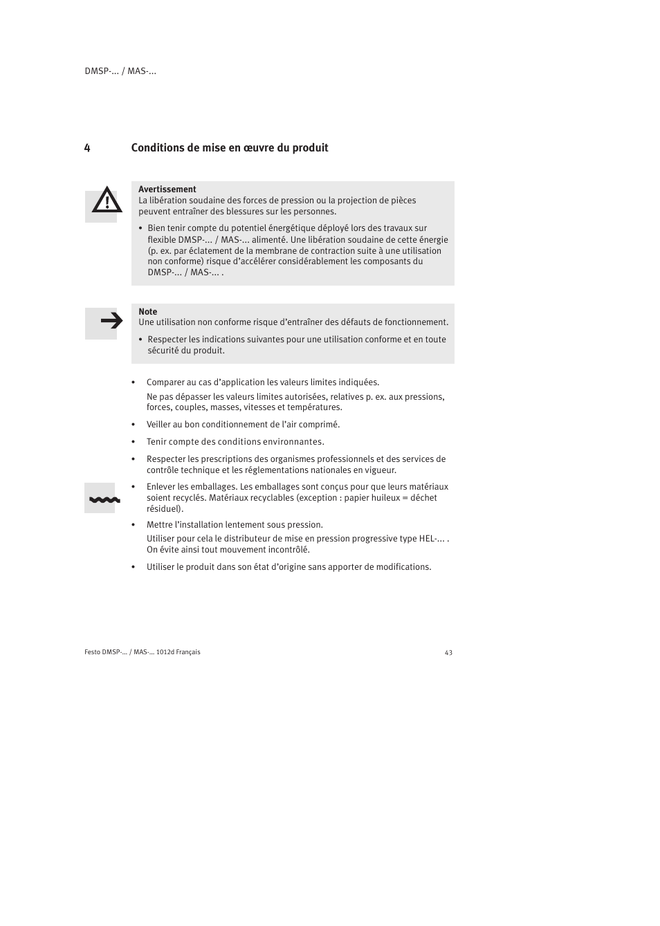 4 conditions de mise en œuvre du produit | Festo Пневматический мускул MAS User Manual | Page 43 / 80