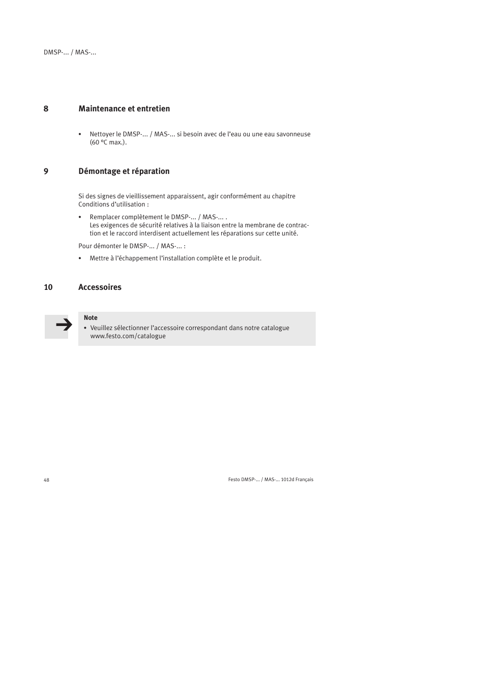 8 maintenance et entretien, 9 démontage et réparation, 10 accessoires | Festo Пневматический мускул MAS User Manual | Page 48 / 80
