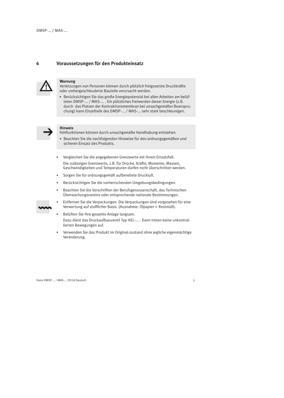 4 voraussetzungen für den produkteinsatz | Festo Пневматический мускул MAS User Manual | Page 5 / 80