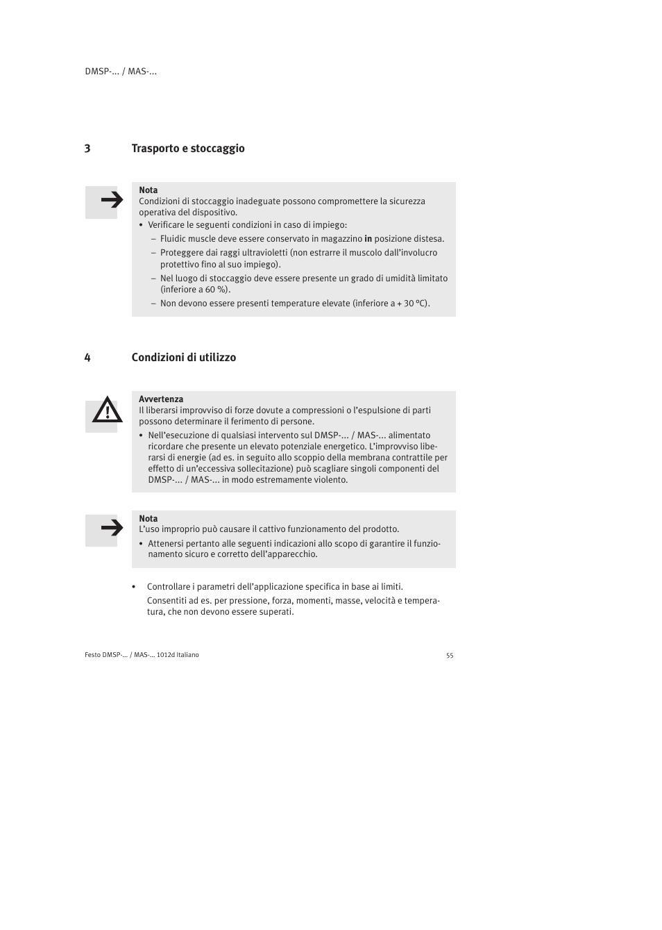 3 trasporto e stoccaggio, 4 condizioni di utilizzo | Festo Пневматический мускул MAS User Manual | Page 55 / 80