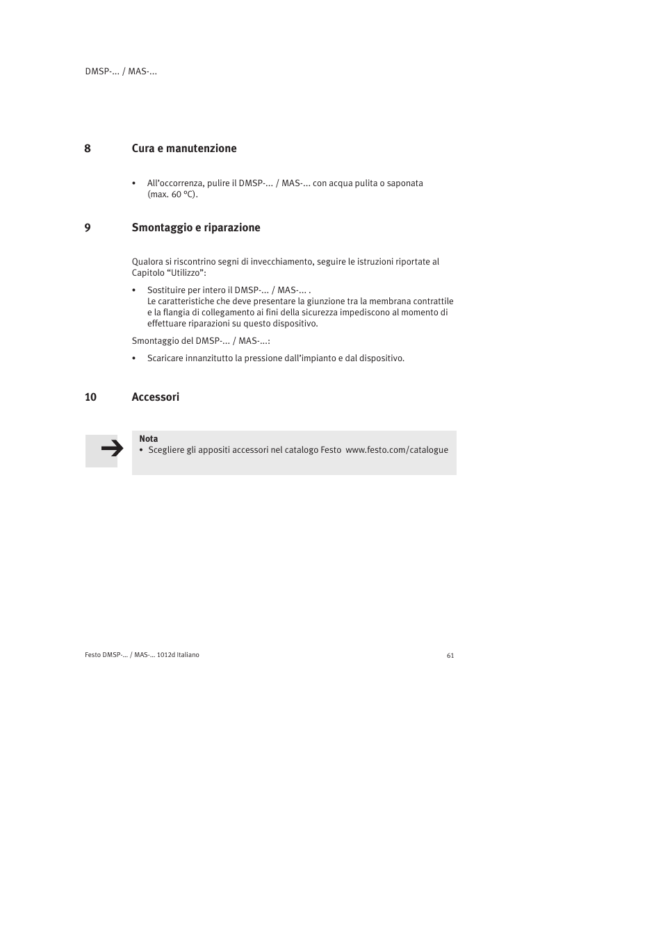 8 cura e manutenzione, 9 smontaggio e riparazione, 10 accessori | Festo Пневматический мускул MAS User Manual | Page 61 / 80