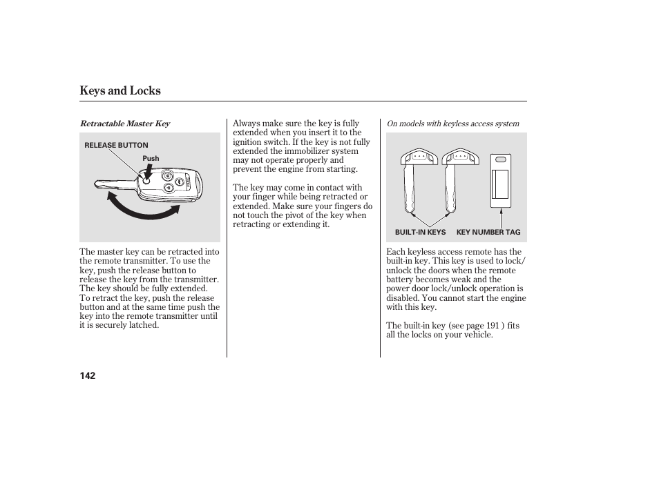 Keys and locks | Acura 2009 Accord Sedan User Manual | Page 148 / 650
