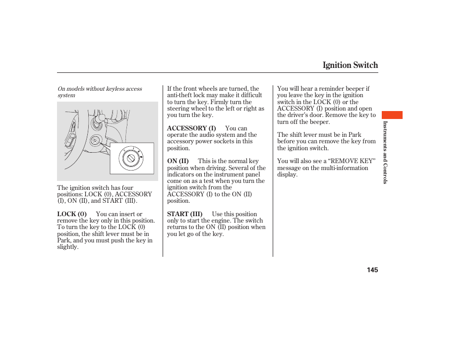 Ignition switch | Acura 2009 Accord Sedan User Manual | Page 151 / 650
