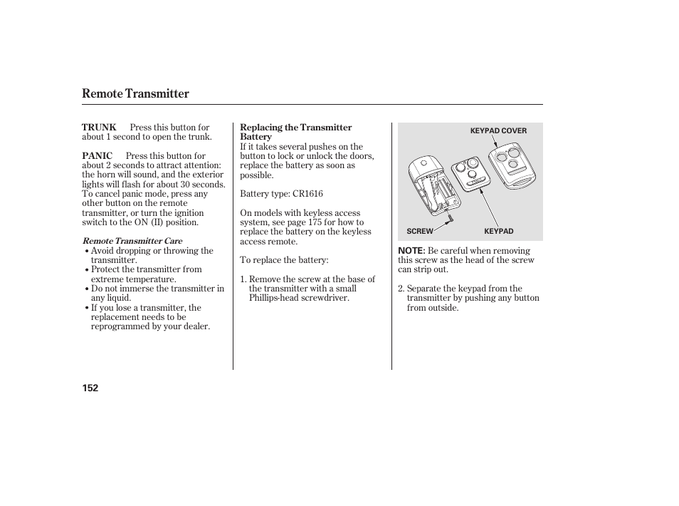 Remote transmitter | Acura 2009 Accord Sedan User Manual | Page 158 / 650