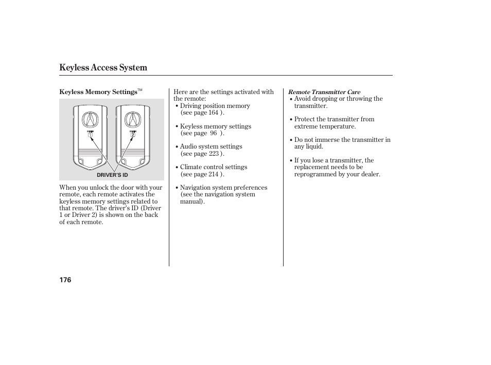 Keyless access system | Acura 2009 Accord Sedan User Manual | Page 182 / 650