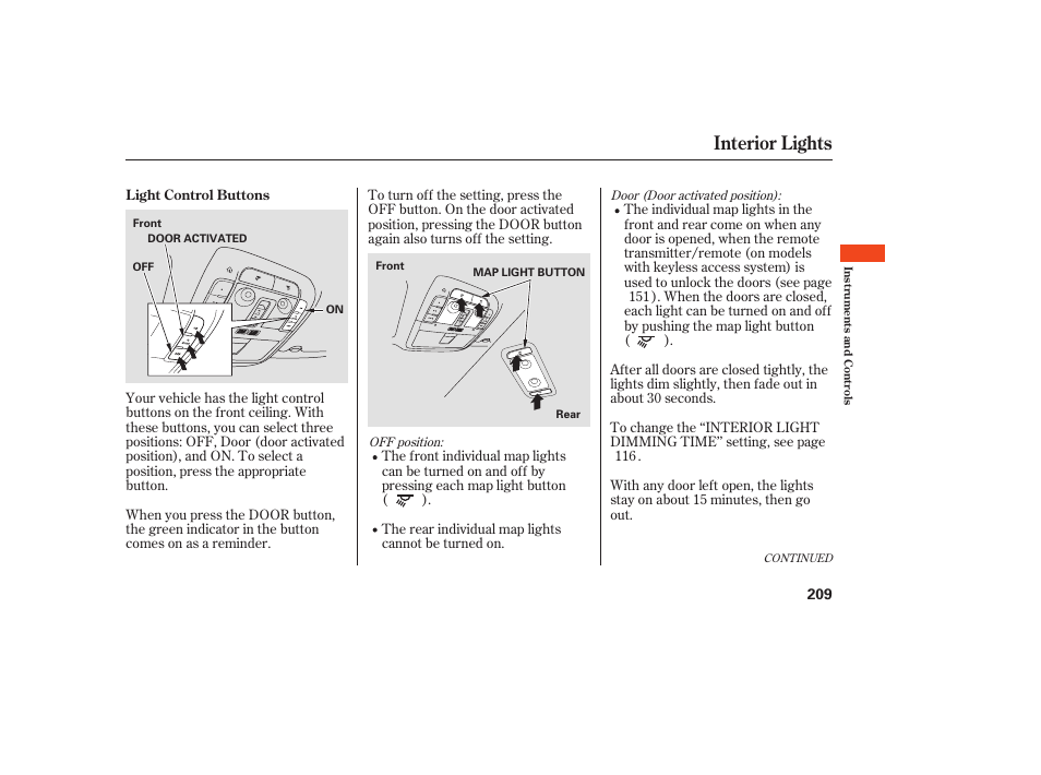 Interior lights | Acura 2009 Accord Sedan User Manual | Page 215 / 650