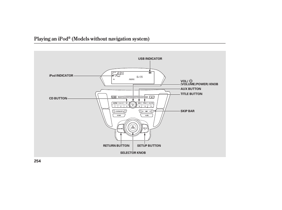 Playing an ipod (models without navigation system) | Acura 2009 Accord Sedan User Manual | Page 260 / 650