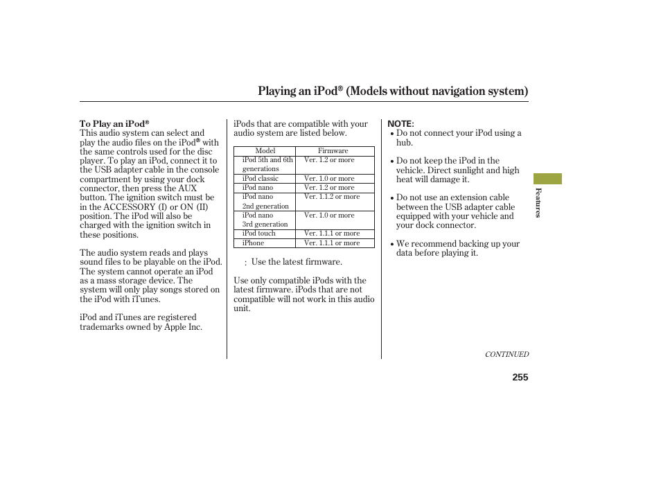 Playing an ipod (models without navigation system) | Acura 2009 Accord Sedan User Manual | Page 261 / 650