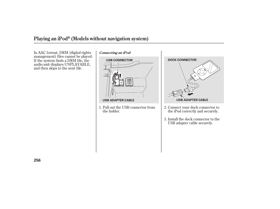 Playing an ipod (models without navigation system) | Acura 2009 Accord Sedan User Manual | Page 262 / 650