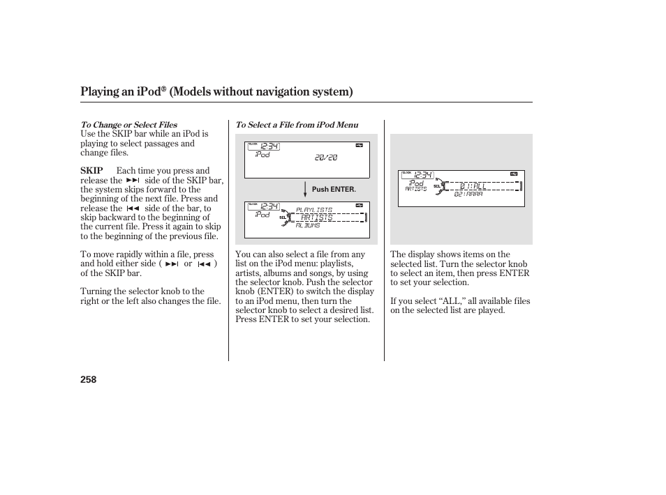 Playing an ipod (models without navigation system) | Acura 2009 Accord Sedan User Manual | Page 264 / 650