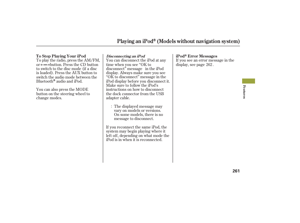 Playing an ipod (models without navigation system) | Acura 2009 Accord Sedan User Manual | Page 267 / 650