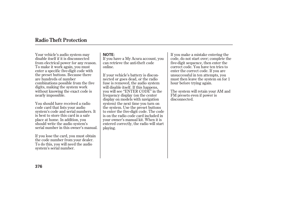 Radio theft protection | Acura 2009 Accord Sedan User Manual | Page 382 / 650