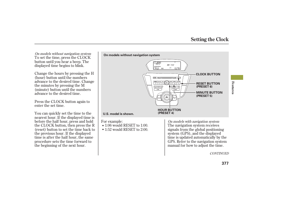 Setting the clock | Acura 2009 Accord Sedan User Manual | Page 383 / 650