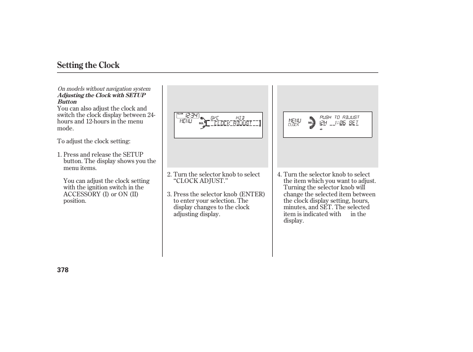 Setting the clock | Acura 2009 Accord Sedan User Manual | Page 384 / 650