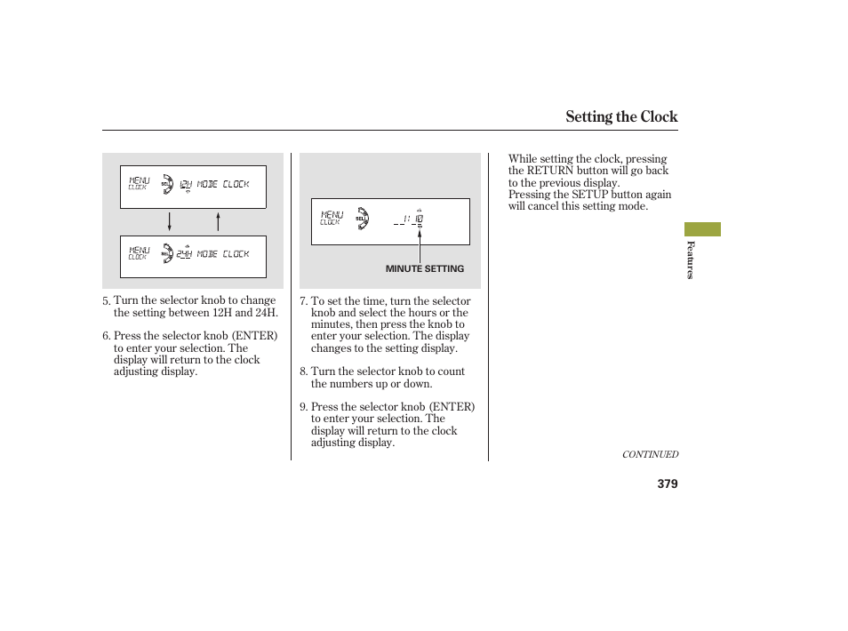 Setting the clock | Acura 2009 Accord Sedan User Manual | Page 385 / 650