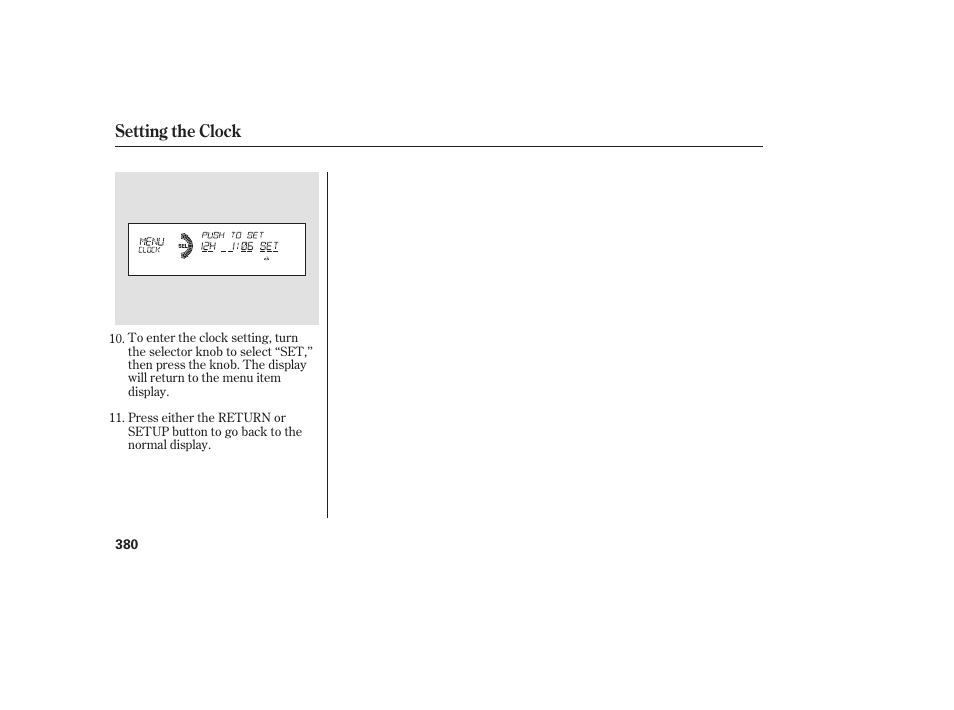 Setting the clock | Acura 2009 Accord Sedan User Manual | Page 386 / 650