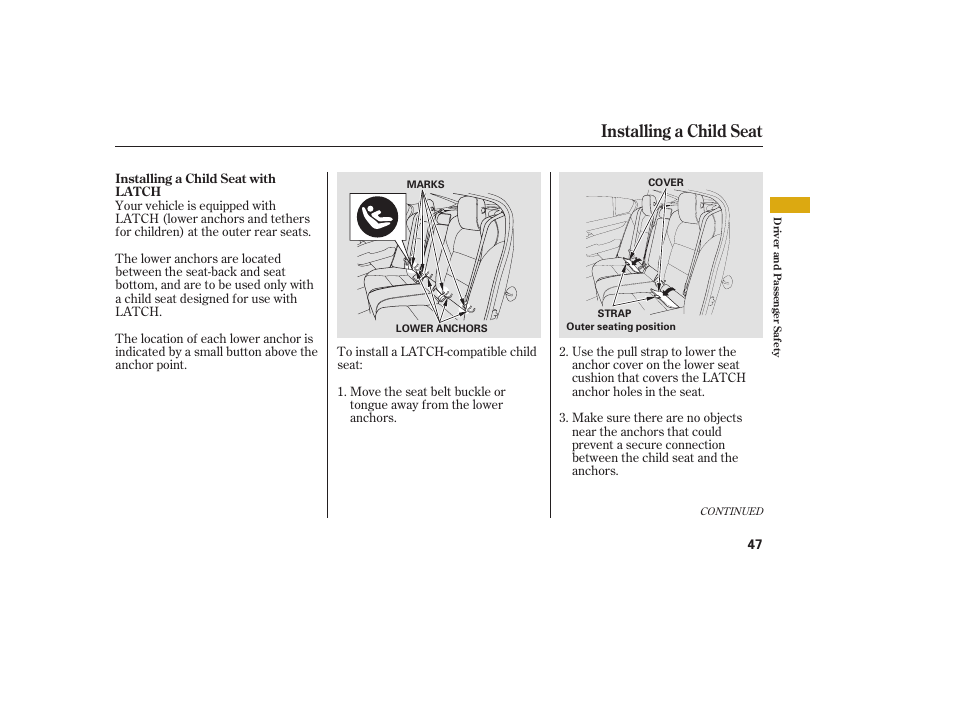 Installing a child seat | Acura 2009 Accord Sedan User Manual | Page 53 / 650