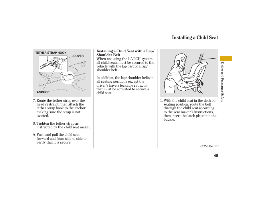 Installing a child seat | Acura 2009 Accord Sedan User Manual | Page 55 / 650