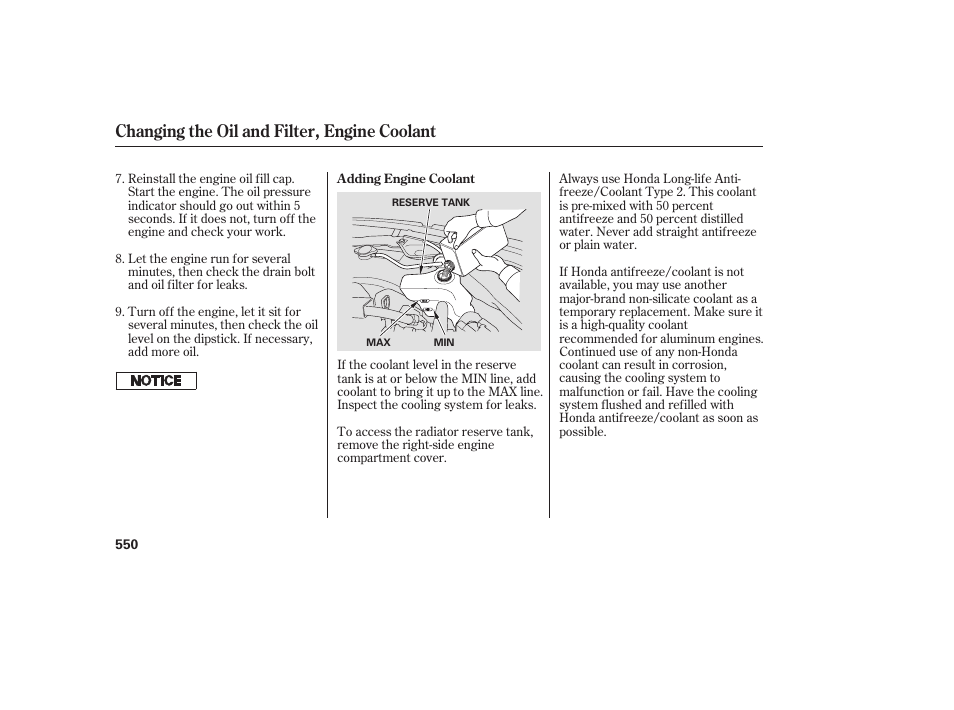 Changing the oil and filter, engine coolant | Acura 2009 Accord Sedan User Manual | Page 556 / 650