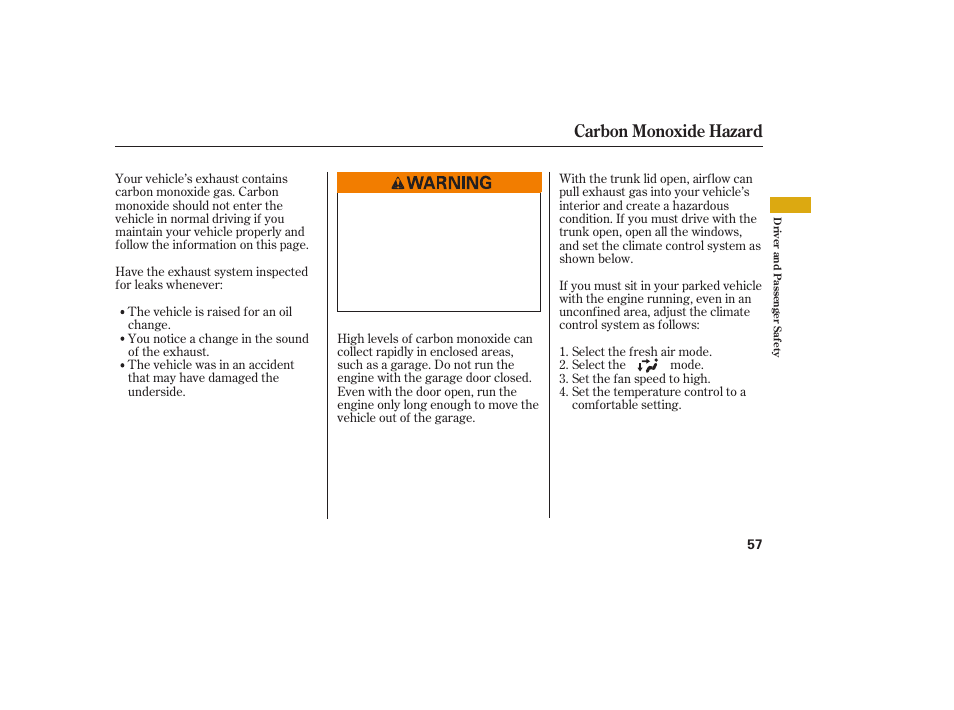 Carbon monoxide hazard | Acura 2009 Accord Sedan User Manual | Page 63 / 650