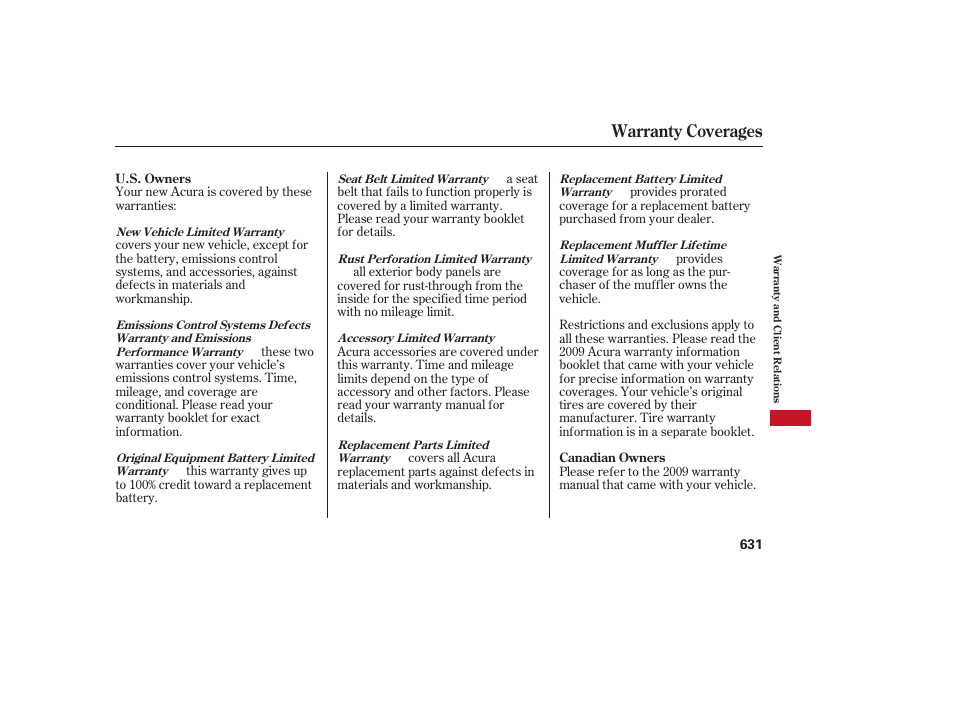 Warranty coverages | Acura 2009 Accord Sedan User Manual | Page 637 / 650