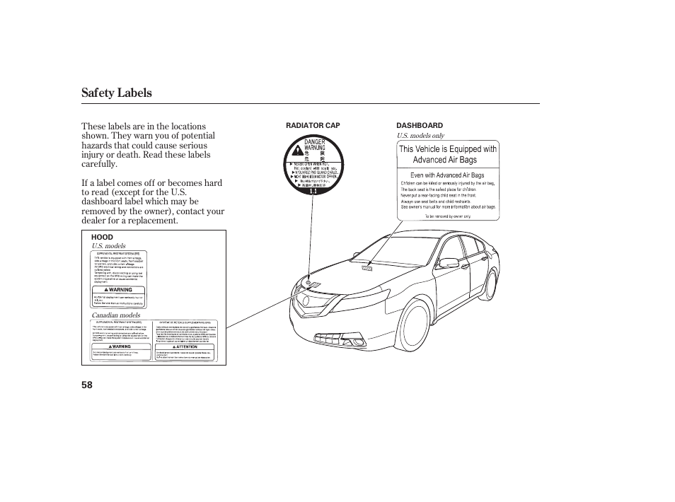 Safety labels | Acura 2009 Accord Sedan User Manual | Page 64 / 650