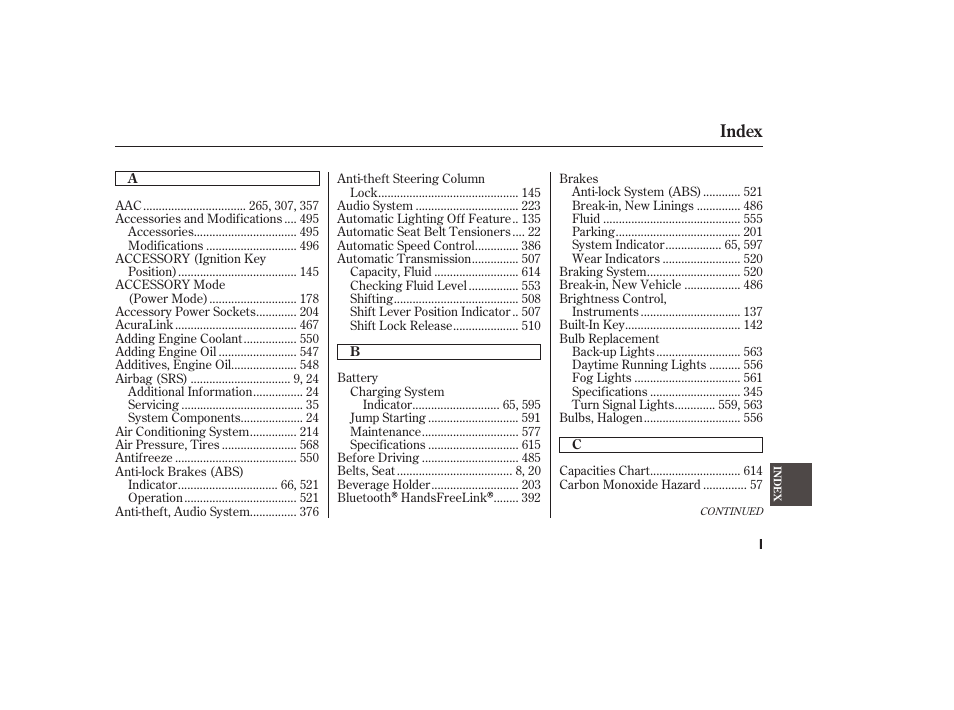 Index | Acura 2009 Accord Sedan User Manual | Page 641 / 650