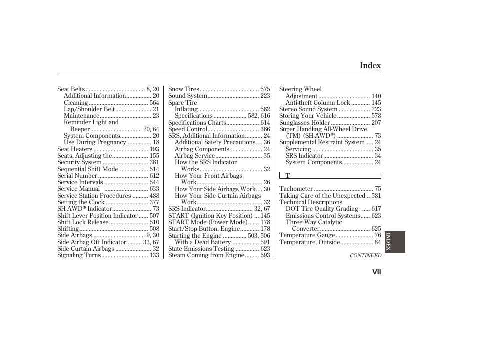 Index | Acura 2009 Accord Sedan User Manual | Page 647 / 650