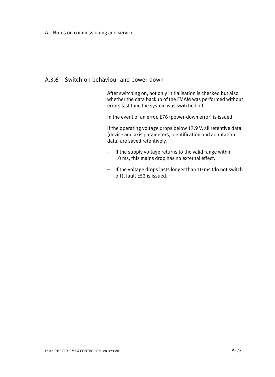 A.3.6 switch-on behaviour and power-down, A.3.6, Switch−on behaviour and power−down | A−27 | Festo Контроллер позиционирования CPX-CMAX User Manual | Page 335 / 446