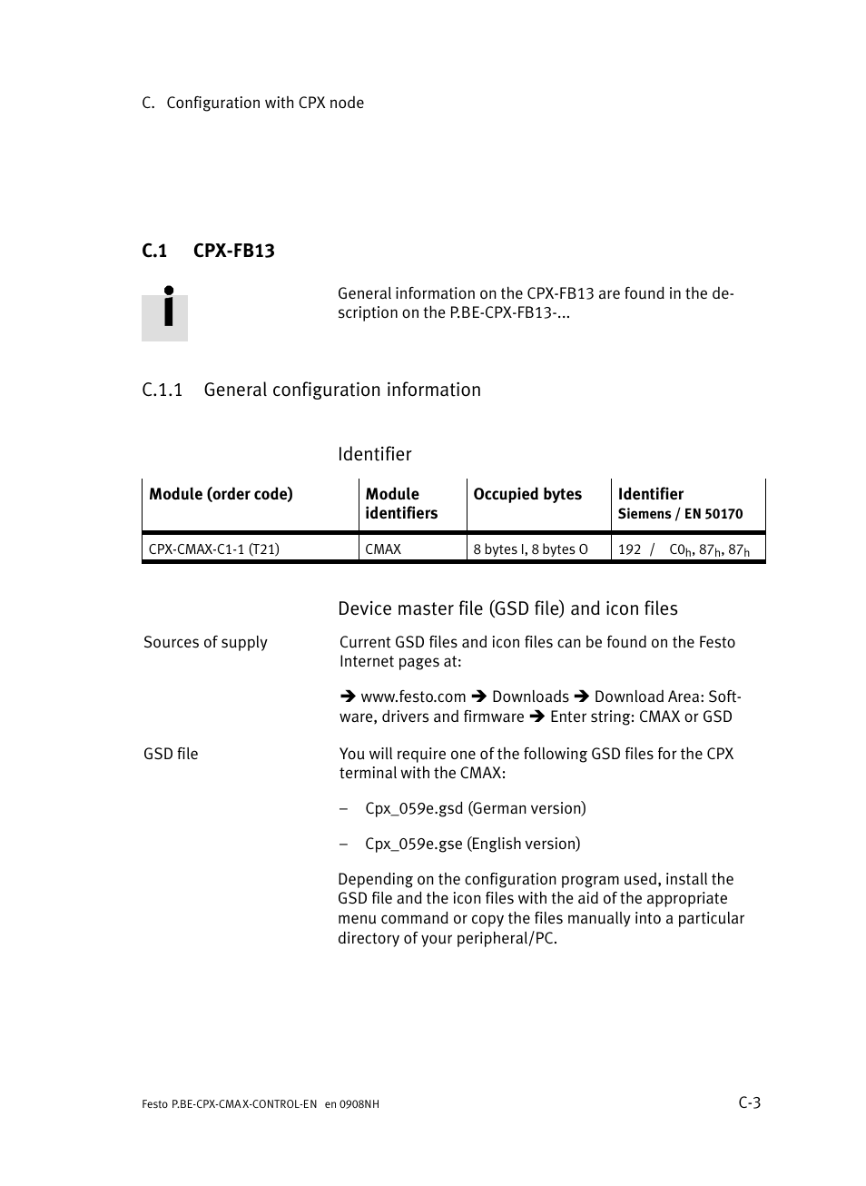 C.1 cpx-fb13, C.1.1 general configuration information, Cpx−fb13 | C.1.1, General configuration information, Appendix c.1, Or c.1, C.1 cpx−fb13, C.1.1 general configuration information identifier, Device master file (gsd file) and icon files | Festo Контроллер позиционирования CPX-CMAX User Manual | Page 401 / 446