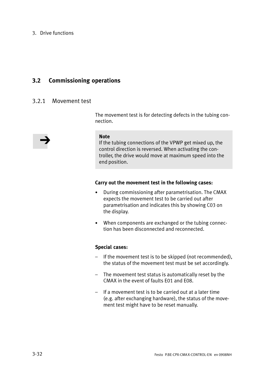 2 commissioning operations, 1 movement test, Commissioning operations | Movement test, Section 3.2 | Festo Контроллер позиционирования CPX-CMAX User Manual | Page 94 / 446